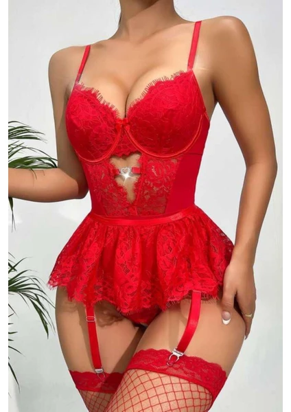 Yeni Nesil Toptancı - YNT Ynt Kırmızı Dantelli Etekli Babydoll Takım 16517