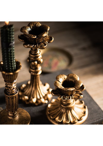 Pamir Candles 3'lü Şamdan Mumluk-Gold Eskitme Dekorasyon-Fransız-Romantik-Nostalji-El Sanatı Üçlü Şamdanlık