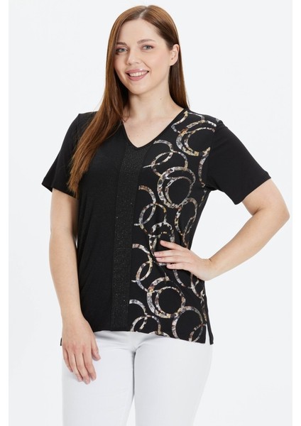 Büyük Beden Yanı Halka Varaklı Kısa Kol Penye Bluz