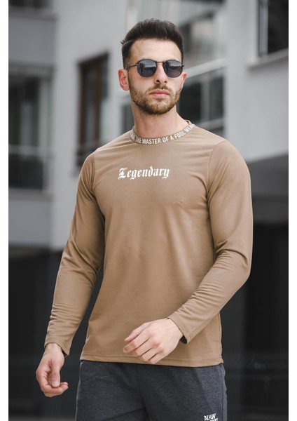 Legend Yakası Baskılı Slim Fit Likralı Sıfır Yaka Erkek Sweatshirt