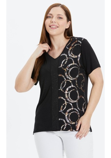 Büyük Beden Yanı Halka Varaklı Kısa Kol Penye Bluz fiyatları