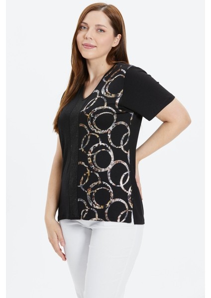 Büyük Beden Yanı Halka Varaklı Kısa Kol Penye Bluz modelleri