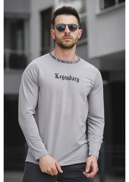 Legend Yakası Baskılı Slim Fit Likralı Sıfır Yaka Erkek Sweatshirt