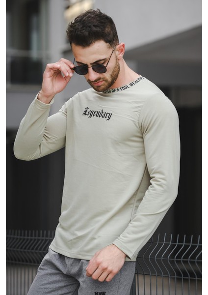 Legend Yakası Baskılı Slim Fit Likralı Sıfır Yaka Erkek Sweatshirt