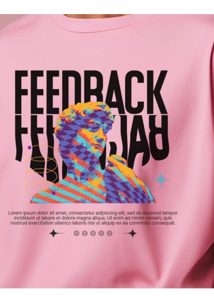 Feedback Baskılı Pembe Oversize T-Shirt %100 Pamuklu Unisex Tişört