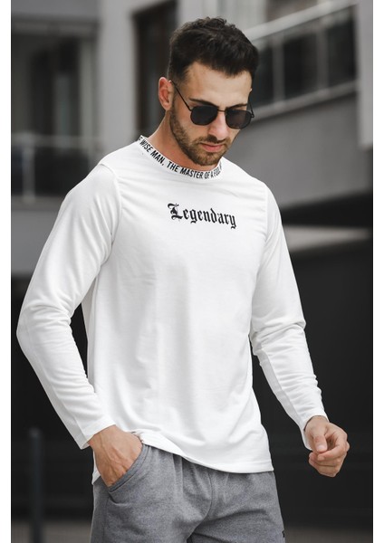 Legend Yakası Baskılı Slim Fit Likralı Sıfır Yaka Erkek Sweatshirt