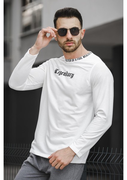 Legend Yakası Baskılı Slim Fit Likralı Sıfır Yaka Erkek Sweatshirt