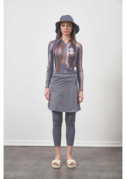 Yüzücü Mayo Tayt Etek 3 Lü Etnik Tesettür Mayo Gri