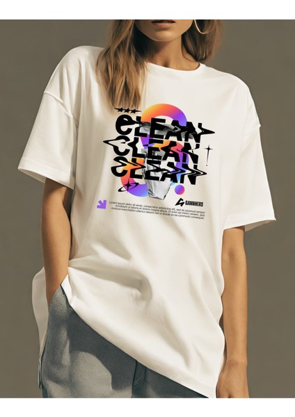 Clean Baskılı Beyaz Oversize T-Shirt %100 Pamuklu Unisex Tişört