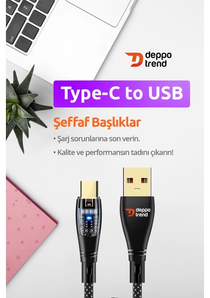 Deppo Trend Samsung Xiaomi Oppo Huawei Uyumlu 2.4A Hızlı Şarj ve Data Kablosu Şeffaf Tasarım LED Işıklı Kablo USB To Type-C 2.4A Hızlı Şarj Kablosu Samsung Xiaomi Android Uyumlu Esnek Kopmaz Kablo