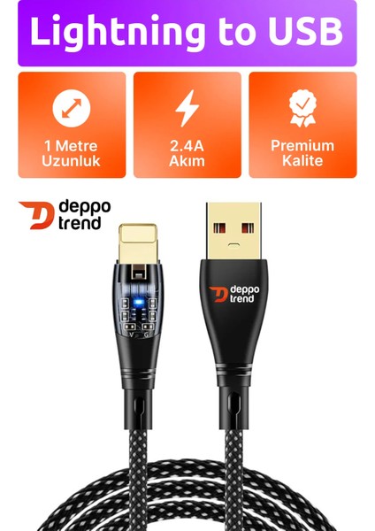 Deppo Trend iPhone7/8/8plus/x/xs/11/12/13/14 Pro Max Uyumlu 2.4A Hızlı Şarj ve Data Kablosu Şeffaf LED Işıklı Kablo USB To Lightning 2.4A Hızlı Şarj ve Data Kablosu Apple iPhone Ios Uyumlu Esnek Kablo