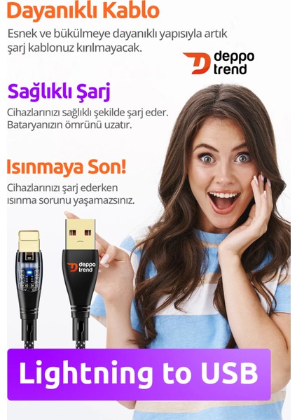 Deppo Trend iPhone7/8/8plus/x/xs/11/12/13/14 Pro Max Uyumlu 2.4A Hızlı Şarj ve Data Kablosu Şeffaf LED Işıklı Kablo USB To Lightning 2.4A Hızlı Şarj ve Data Kablosu Apple iPhone Ios Uyumlu Esnek Kablo