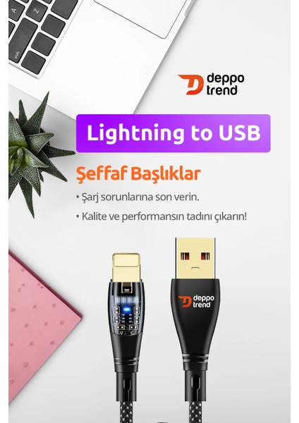 Deppo Trend iPhone7/8/8plus/x/xs/11/12/13/14 Pro Max Uyumlu 2.4A Hızlı Şarj ve Data Kablosu Şeffaf LED Işıklı Kablo USB To Lightning 2.4A Hızlı Şarj ve Data Kablosu Apple iPhone Ios Uyumlu Esnek Kablo