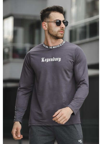 Legend Yakası Baskılı Slim Fit Likralı Sıfır Yaka Erkek Sweatshirt