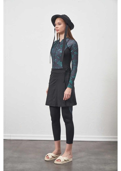 Yüzücü Mayo Tayt Etek 3lü Çini Tesettür Mayo Siyah Yeşil