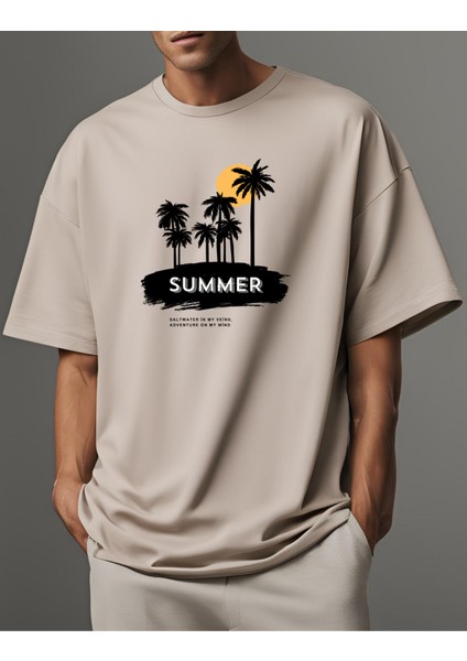 Summer Palm Baskılı Taş Rengi Unisex T-Shirt %100 Pamuklu Tişört