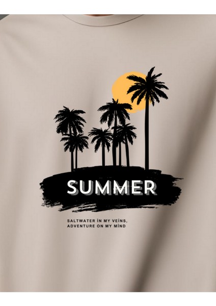 Summer Palm Baskılı Taş Rengi Unisex T-Shirt %100 Pamuklu Tişört