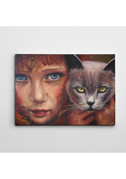 Kedi ve Kız Yağlı Boya Reprodüksiyon Kanvas Tablo