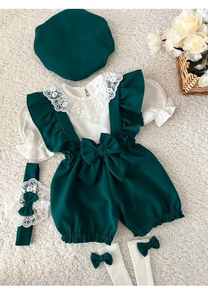 Kız Çocuk Bebek Şortlu Takım Şapka Bandana Gömlek Askılı Şort Salopet Çorap Set
