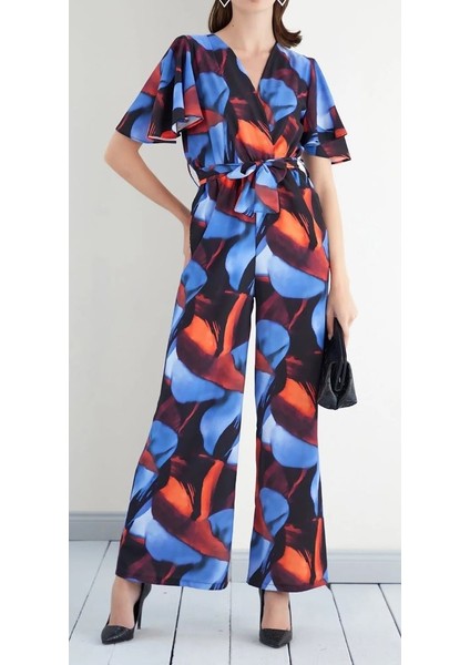 Kadın Mavi Soyut Desenli Melek Kol Geniş Bacak Wrap Maxi Tulum