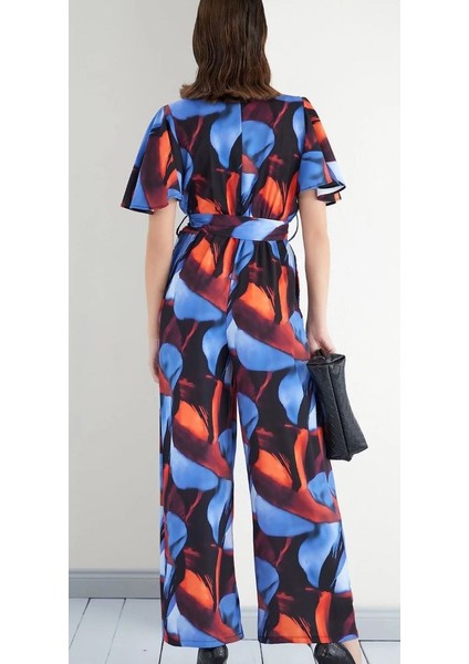 Kadın Mavi Soyut Desenli Melek Kol Geniş Bacak Wrap Maxi Tulum fiyatları