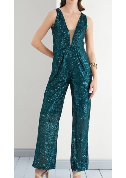 Kadın Payet Kolsuz Maksi Geniş Paça Tulum