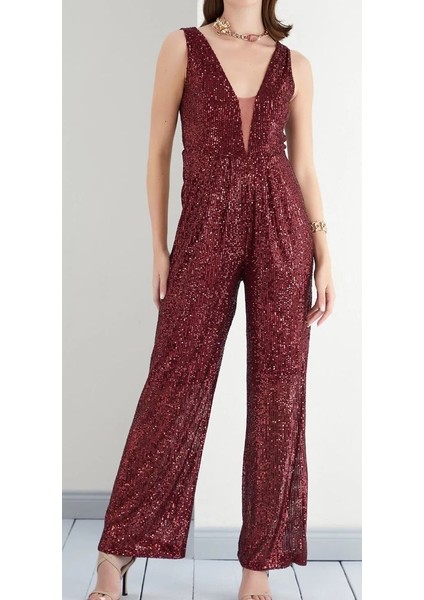 Kadın Payet Kolsuz Maksi Geniş Paça Tulum