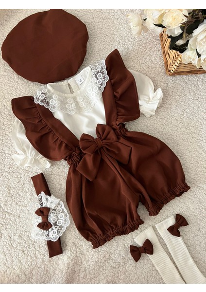 Kız Çocuk Bebek Şortlu Takım Şapka Bandana Gömlek Askılı Şort Salopet Çorap Set