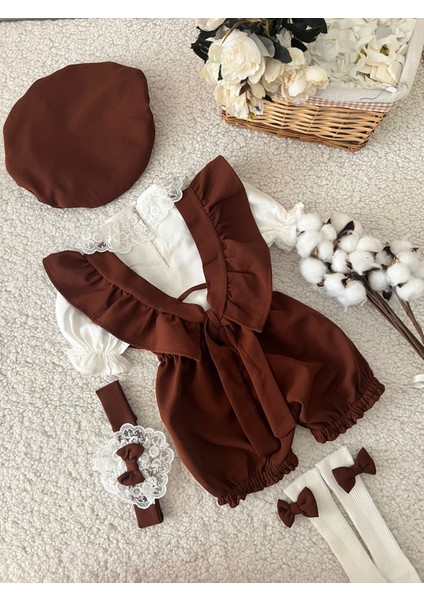 Kız Çocuk Bebek Şortlu Takım Şapka Bandana Gömlek Askılı Şort Salopet Çorap Set