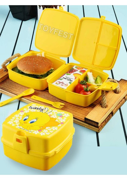 Kilit Kapaklı 2 Katlı 4 Bölmeli Kaşık ve Çatallı Kare Lunch Box & Beslenme Kutusu fiyatları