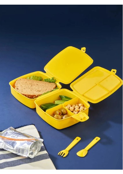 Kilit Kapaklı 2 Katlı 4 Bölmeli Kaşık ve Çatallı Kare Lunch Box & Beslenme Kutusu modelleri