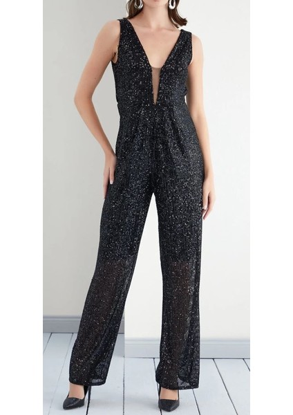 Kadın Payet Kolsuz Maksi Geniş Paça Tulum