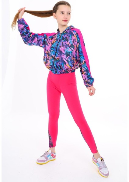 09-15 Yaş Kız Çocuk Siyah - Pembe Renk Yıldız Model Kapşonlu Yağmurluk