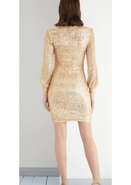 Kadın Uzun Kollu Büküm Düğümlü Payet Mini Elbise modelleri