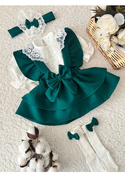 Kız Çocuk Bebek Kısa Kollu Gömlek Bandana Askılı Etek Çorap Takım Set