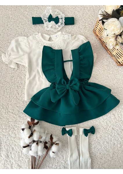 Kız Çocuk Bebek Kısa Kollu Gömlek Bandana Askılı Etek Çorap Takım Set modelleri