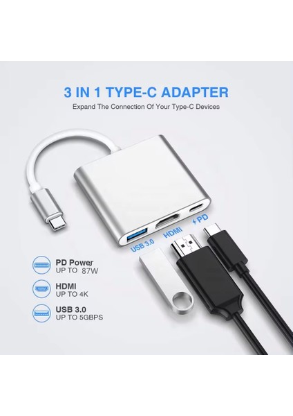 Fxn-31 Samsung Dex Apple 3in1 Type-C Çevirici Adaptör Hub: Hdmı, USB 3.0 Şarj