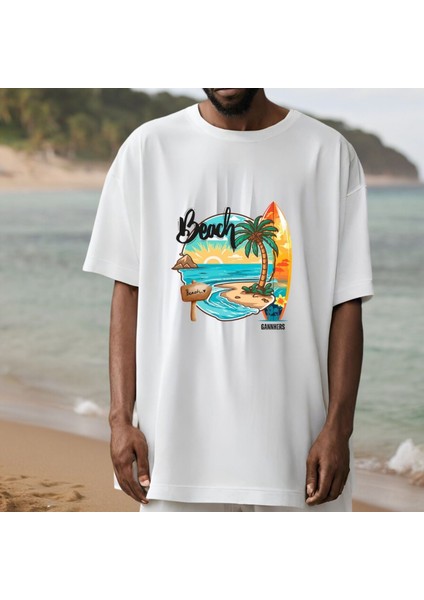 Beach Oversize Beyaz T-Shirt %100 Pamuklu Unisex Tişört