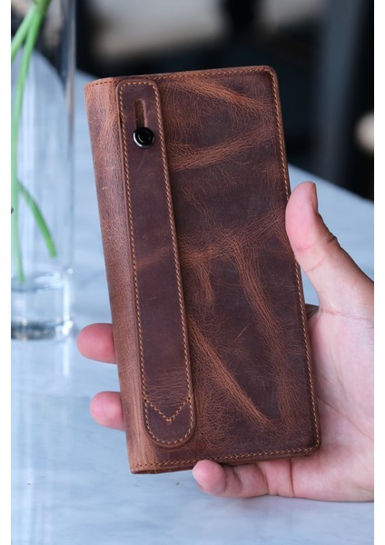 - Alba - Telefon Bölmeli Cüzdan - Cüzdan - Telefon Hazneli Uzun Cüzdan - Mıknatıslı ve El Bantlı (Taba)