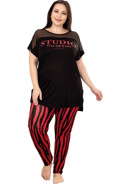 Siyah Kırmızı Renk ve Çizgi Desenli Lady 10957 Kadın Kısa Kol Büyük Beden Pijama Takımı
