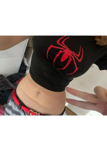 Y2K Siyah Kırmızı Spider Örümcek Baskılı Kadın Crop Body