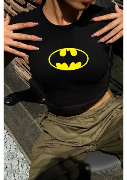 Siyah Batman Logo Desenli Crop Body