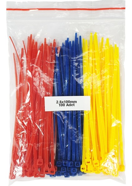 Plastik Kablo Bağı-Sarı+Kırmızı+Lacivert - 2,5MMX100MM-(100 Adet)