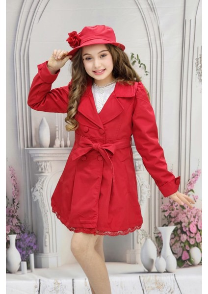 Kız Çocuk Trençkot Elbise Şapka Tarz Takım