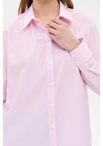 Çizgili Koton Gömlek - Pembe indirimleri