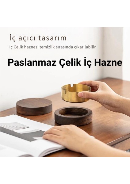 Paslanmaz Çelik Yuvarlak Ultra Şık Küllük, Kapaklı Ceviz Ağacı Paslanmaz Çelik Kül Tablası