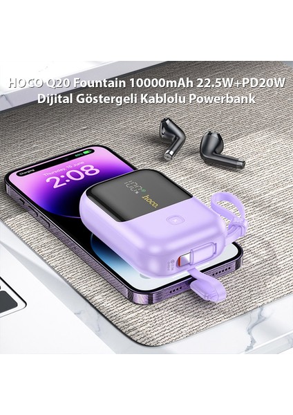 Q20 Fountain 10000MAH 22.5W+PD20W Dijital Göstergeli Kablolu Powerbank