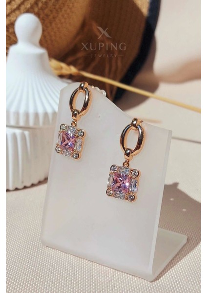 Xuping Jewelry Xuping Küpe Pembe Kuvars Baget ve Prenses Kesim Zirkon Taşlı 14 Ayar Altın Kaplama Rose Renk