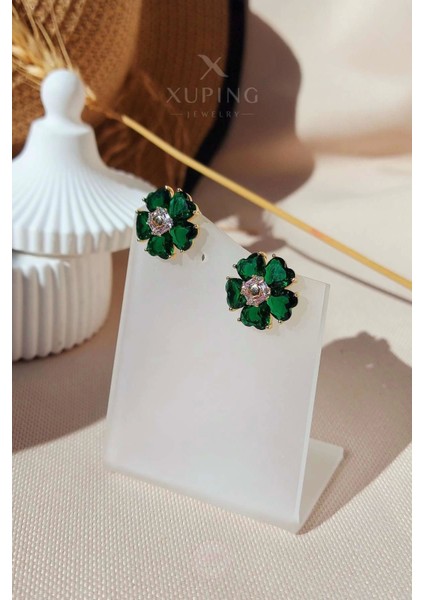 Xuping Jewelry Xuping Küpe Çiçek Figürlü Yeşim ve Zirkon Taşlı 14 Ayar Altın Kaplama Rose Renk