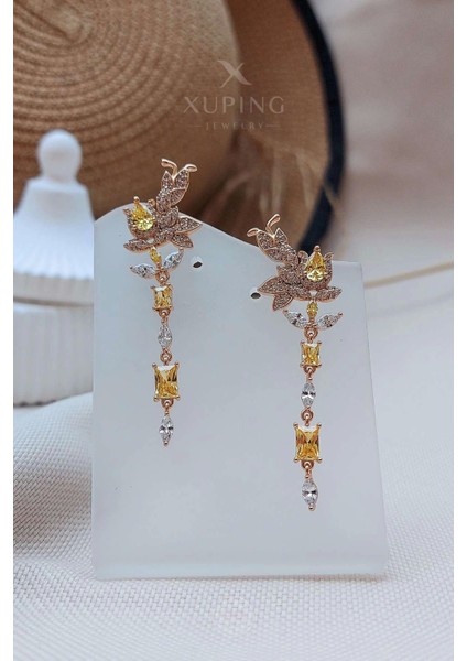 Xuping Jewelry Xuping Küpe Sitrin Markiz Baget Kesim Zirkon Taşlı 14 Ayar Altın Kaplama Rose Renk